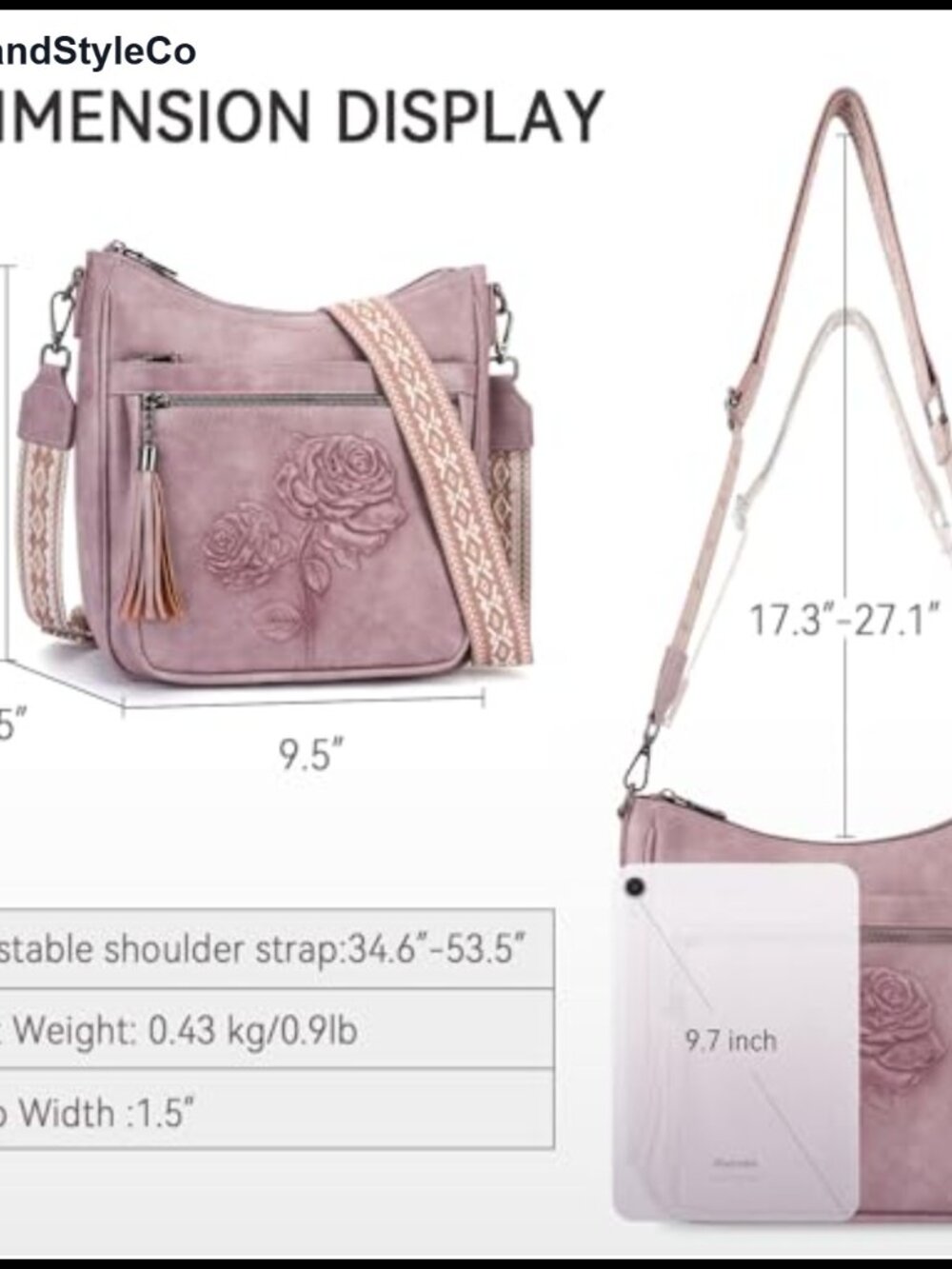 Vegan Leather Hobo Crossbody Bag with Floral Embossed Pattern - Picture 2 of 6